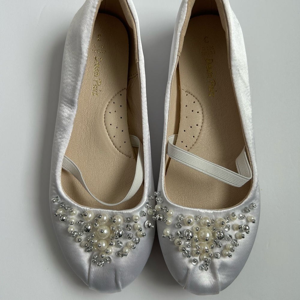 DREAM PAIRS Girl's Mary Jane Pearl Ballerina Flats White Satin Silver Beads 3‎